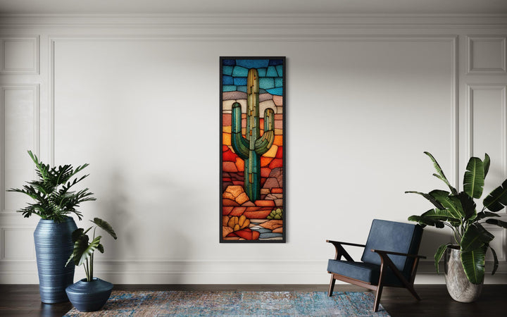 Tall Vertical Stained Glass Style Saguaro Cactus Wall Art