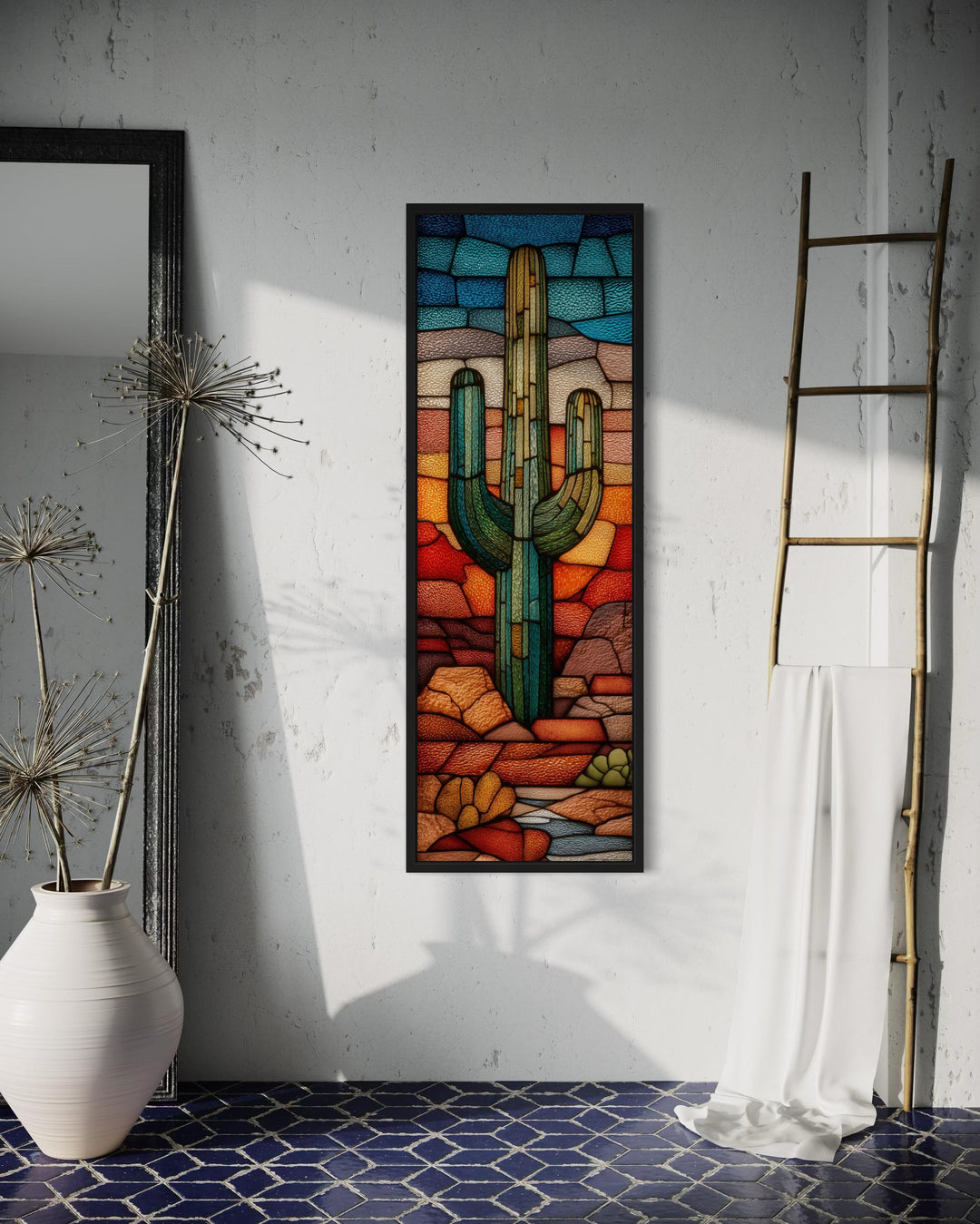Tall Vertical Stained Glass Style Saguaro Cactus Wall Art