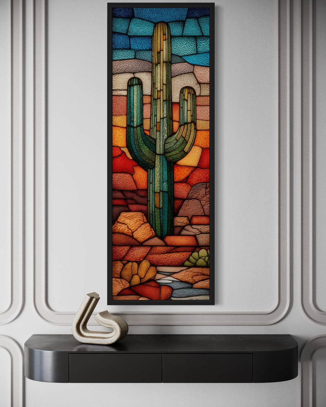 Tall Vertical Stained Glass Style Saguaro Cactus Wall Art