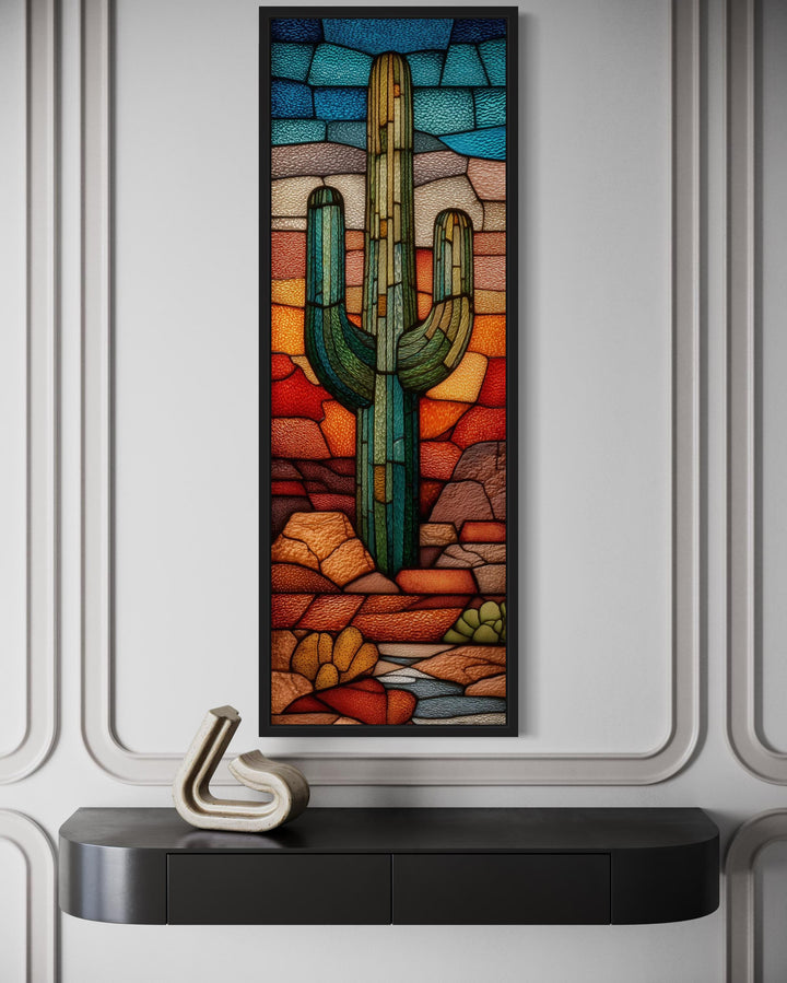 Tall Vertical Stained Glass Style Saguaro Cactus Wall Art
