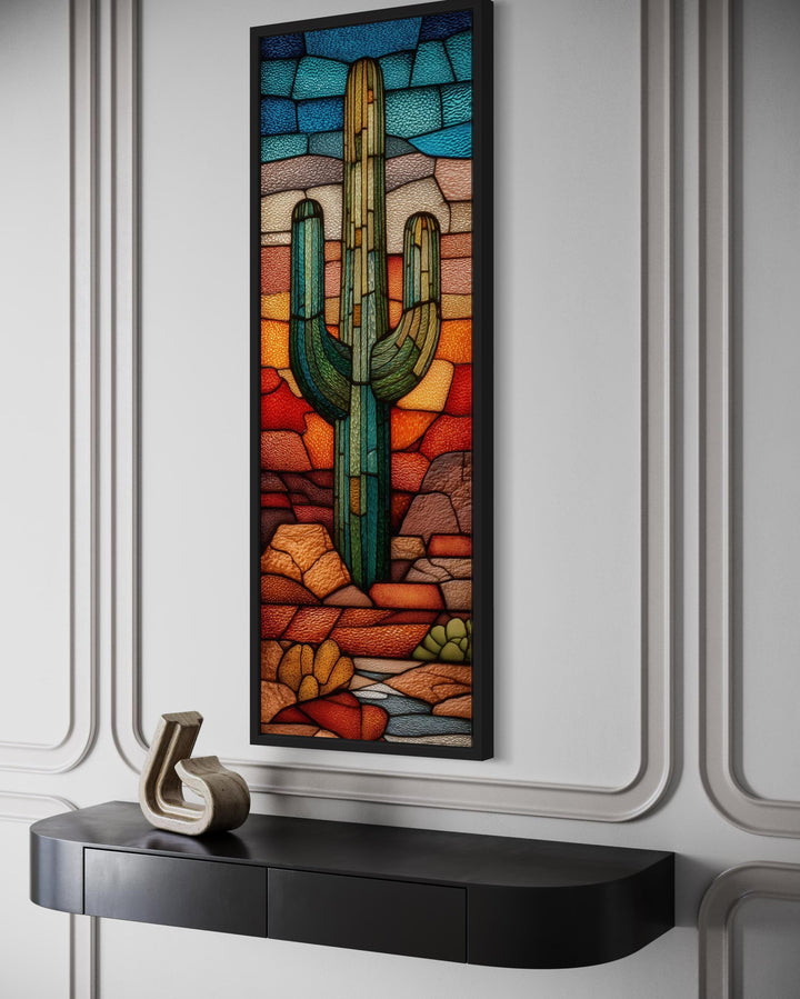 Tall Vertical Stained Glass Style Saguaro Cactus Wall Art