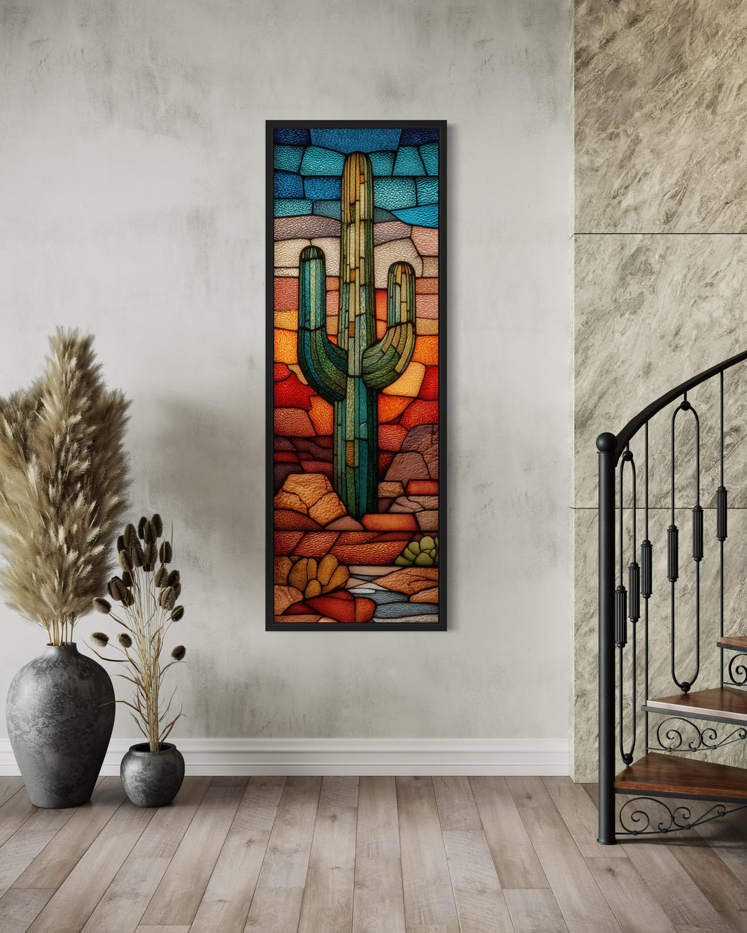 Tall Vertical Stained Glass Style Saguaro Cactus Wall Art