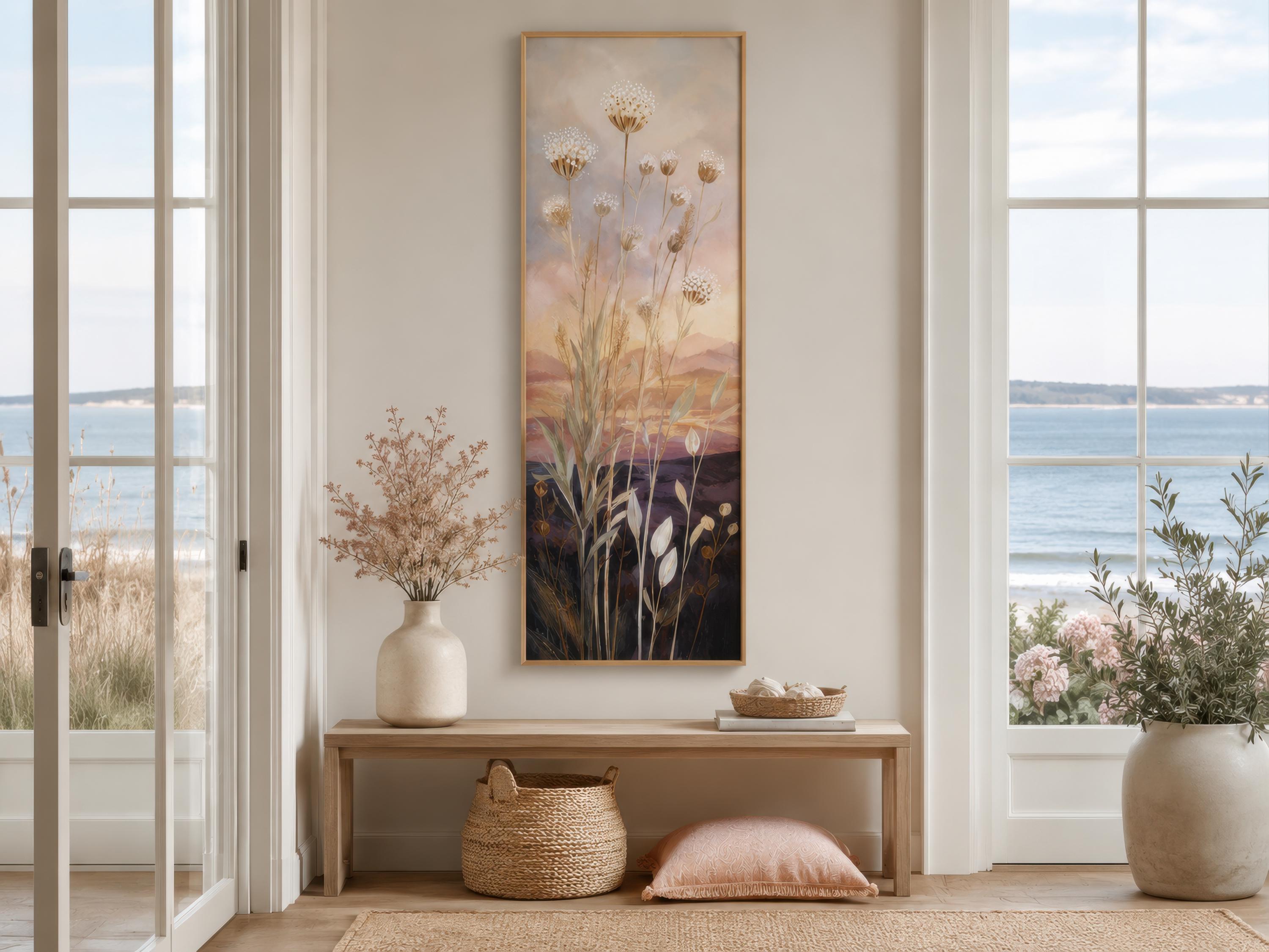 ウッドウォールアート(930×480・1) Tall Vertical Wildflower Sunset Wall Art | Gold Purple Botanical