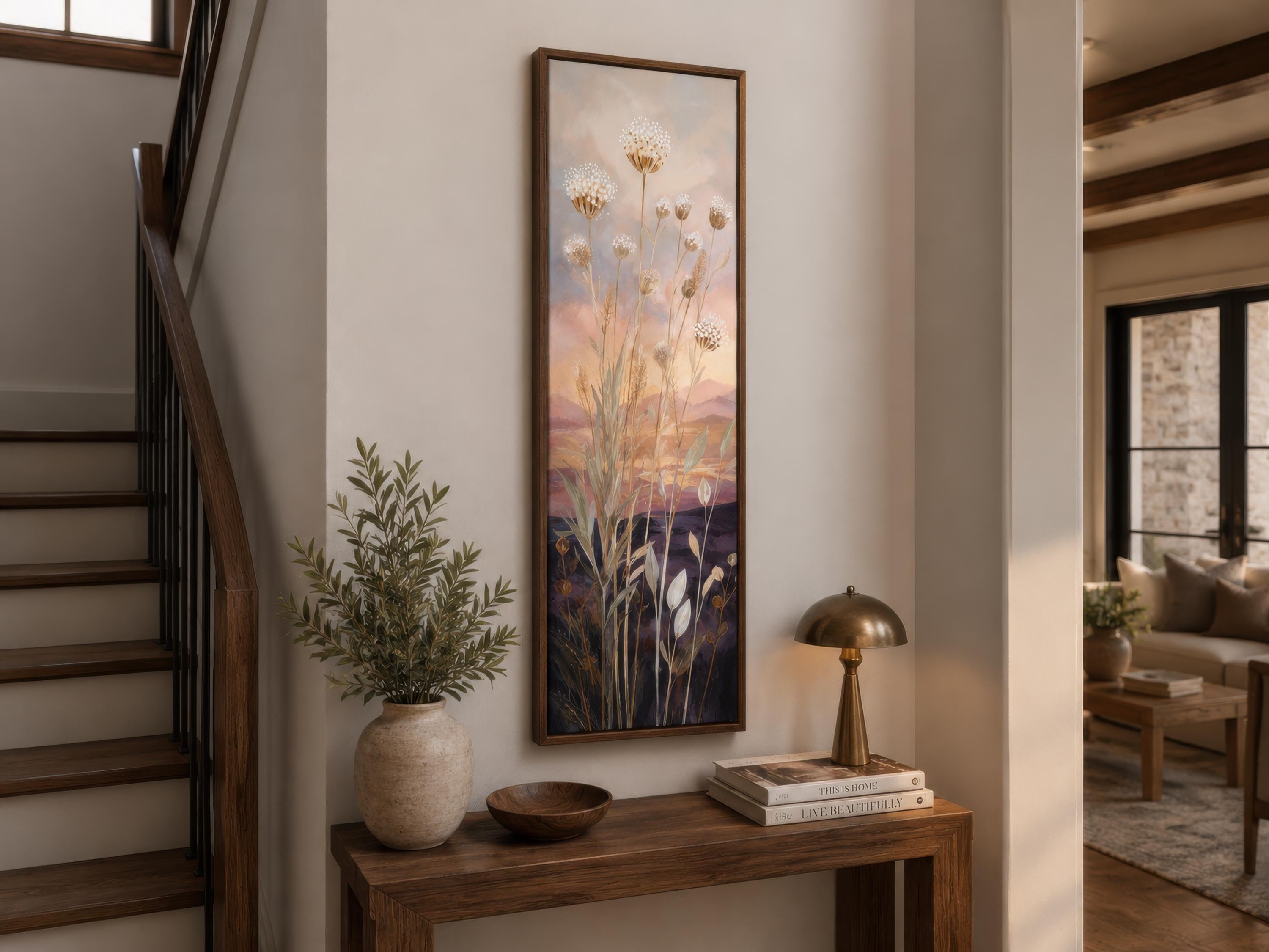 Tall Vertical Wildflower Sunset Wall Art | Gold Purple Botanical