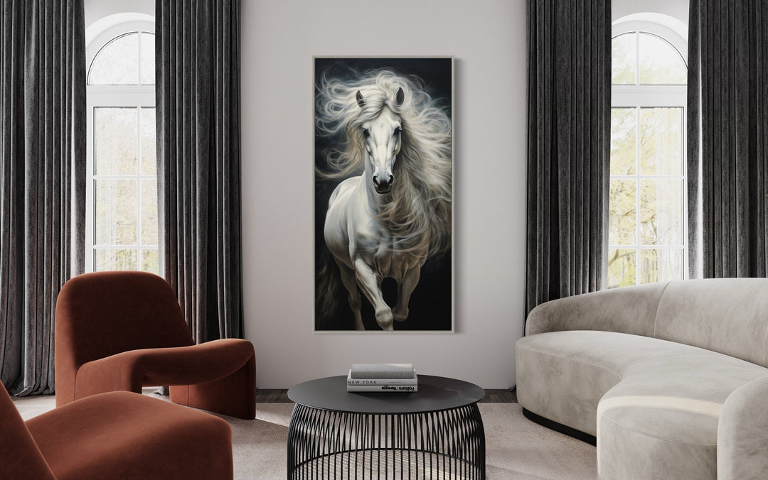 Vertical canvas print of a white horse with a flowing mane on a black background in a modern room.