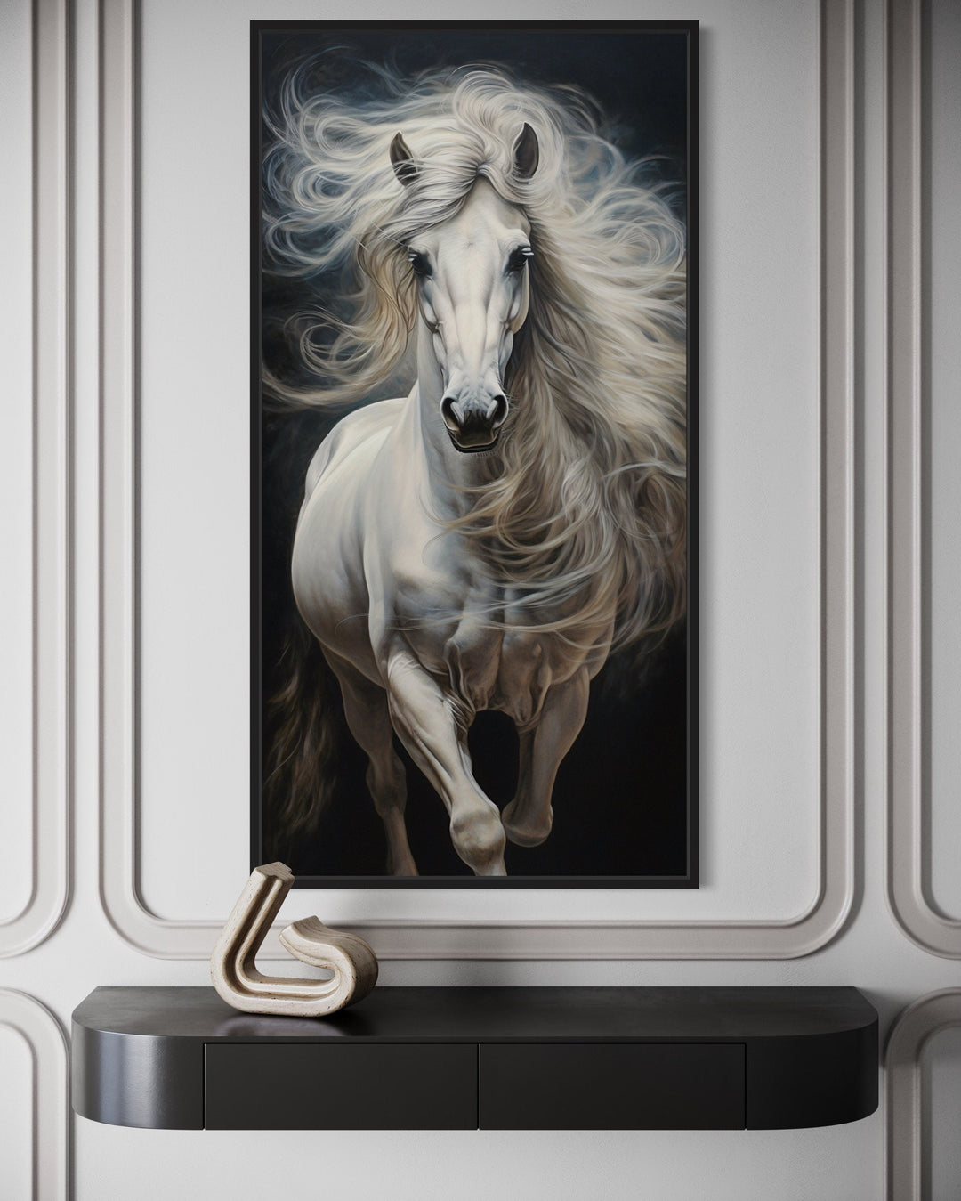 Vertical canvas print of a majestic white horse with a flowing mane against a black background.