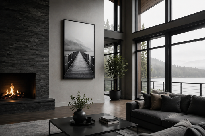 Foggy black and white landscape framed canvas wall art of a dock stretching into a misty lake.
