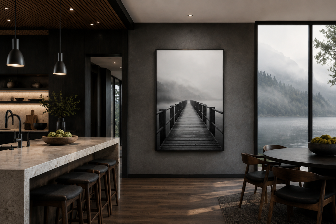 Foggy black and white framed canvas wall art of a wooden pier stretching into a misty lake.