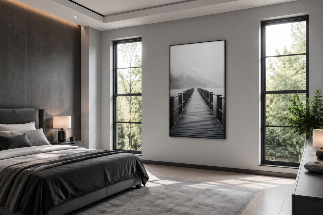 Foggy black and white lake landscape with dock framed canvas wall art in a modern bedroom.