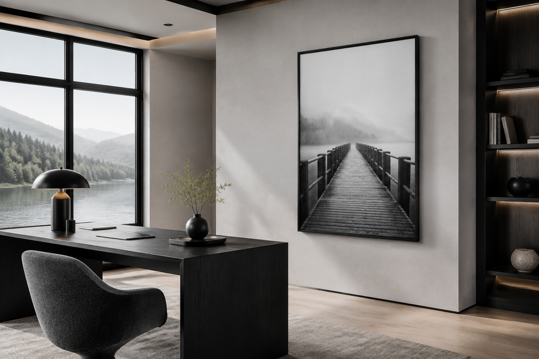 Vertical black and white framed canvas art of a foggy lake and wooden pier in a modern office.