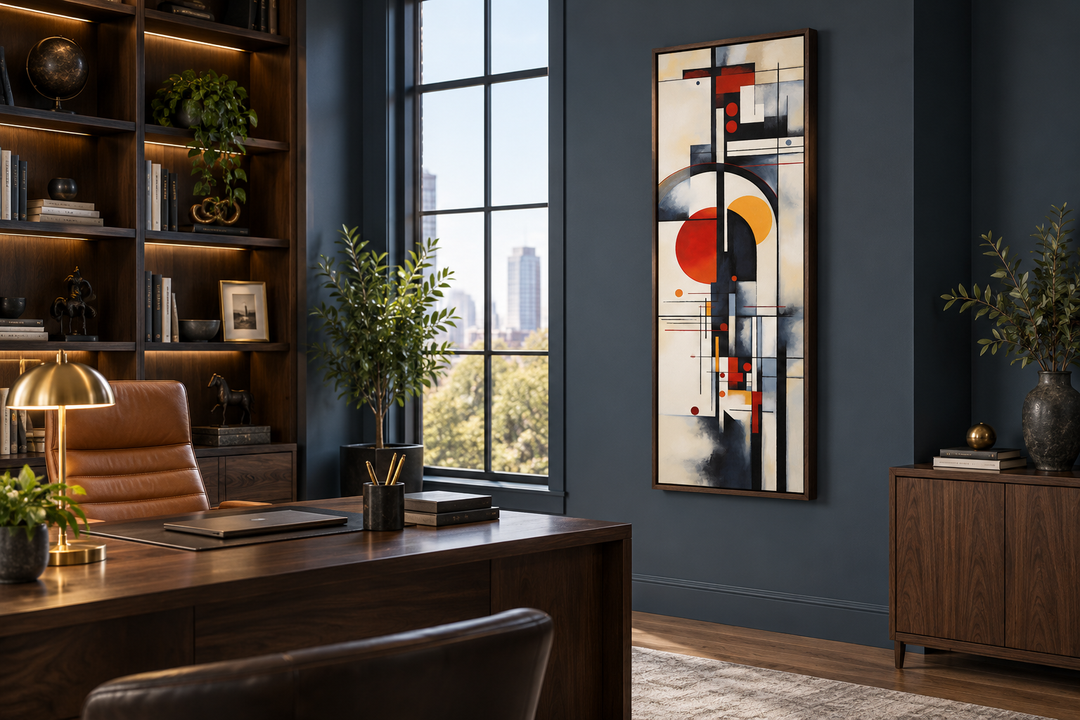 Tall Narrow Bauhaus Geometric Vertical Framed Canvas Wall Art