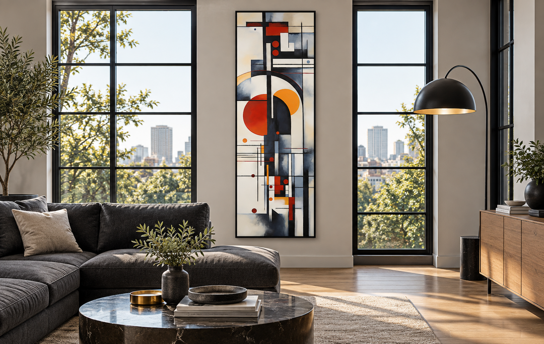 Tall Narrow Bauhaus Geometric Vertical Framed Canvas Wall Art