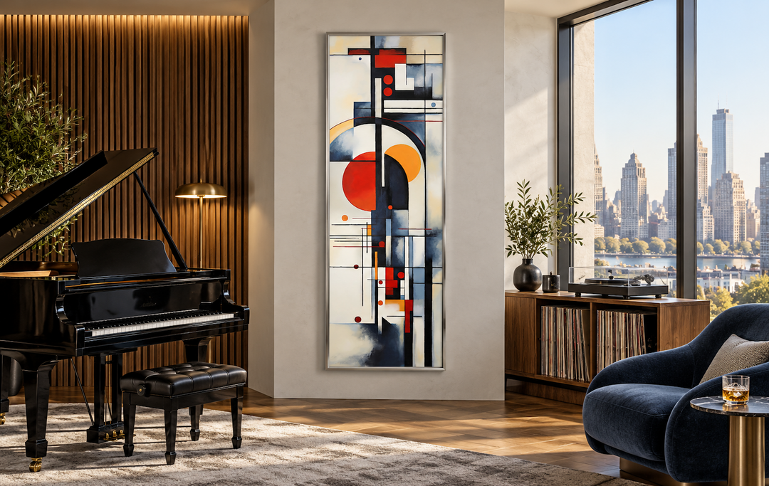 Tall Narrow Bauhaus Geometric Vertical Framed Canvas Wall Art