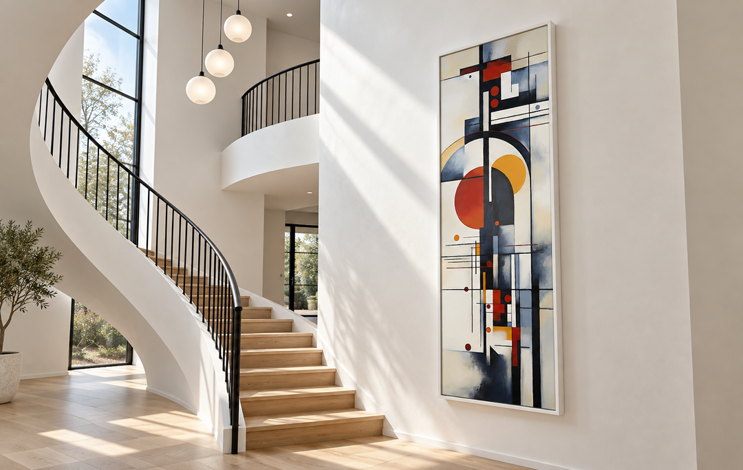 Tall Narrow Bauhaus Geometric Vertical Framed Canvas Wall Art