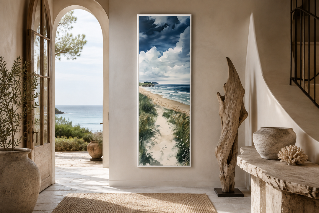 Tall narrow vertical framed canvas wall art featuring a coastal beach path with dunes and ocean.