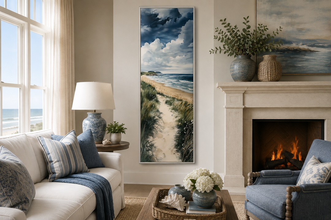 Tall narrow vertical framed canvas wall art featuring a coastal beach path with dunes and ocean.
