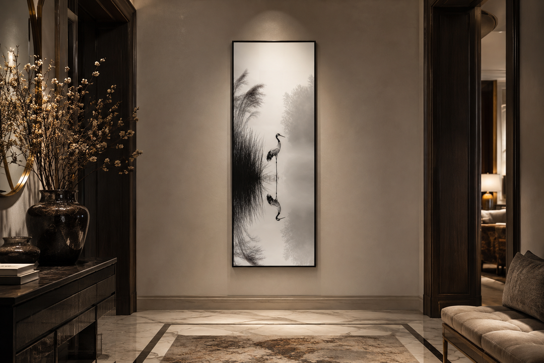 Tall narrow black and white canvas print of a crane in a foggy lake, framed in a zen hallway.