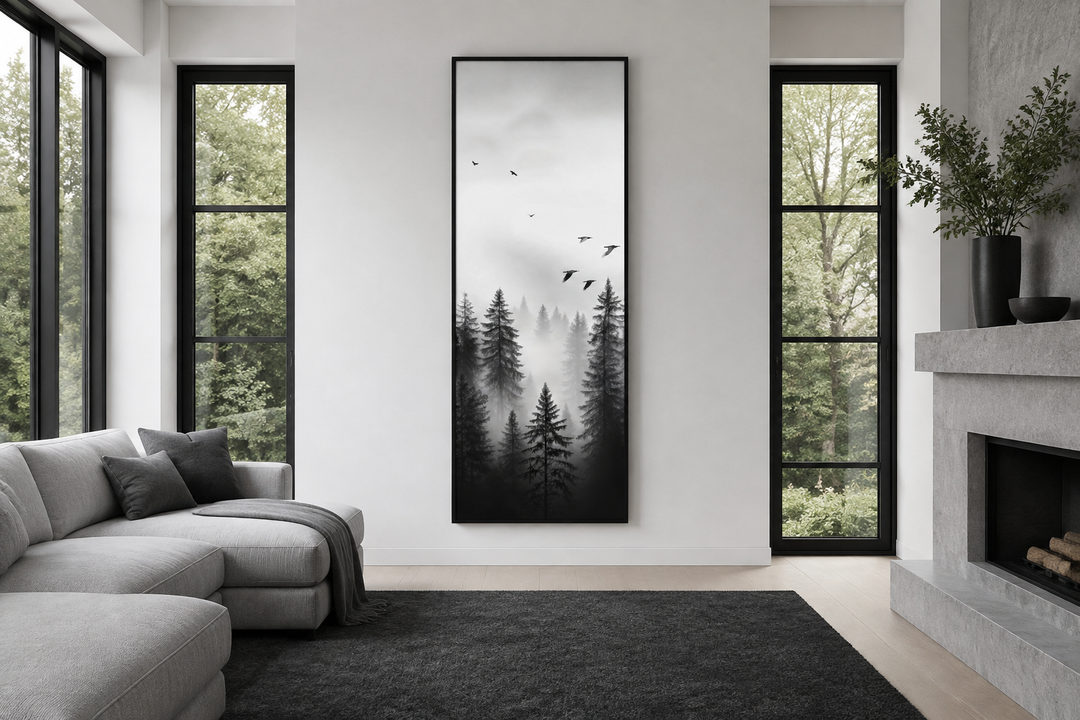 Tall narrow vertical framed canvas art featuring a black and white foggy forest with flying birds.
