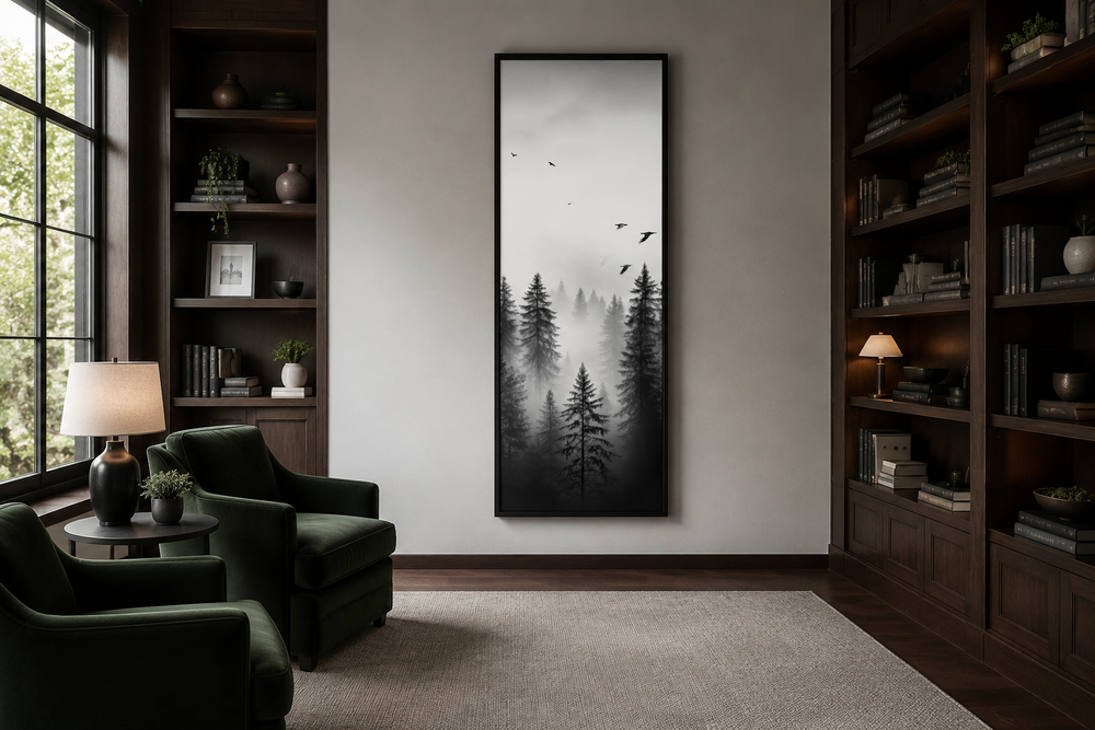 Tall narrow vertical framed canvas wall art featuring a black and white foggy forest scene.