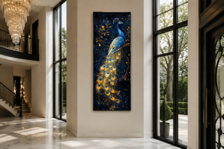 Tall narrow vertical framed canvas wall art featuring a blue and gold peacock on a navy background.