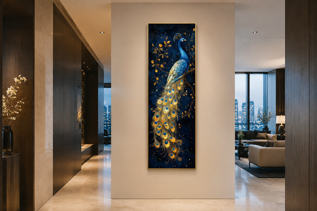 Tall narrow framed canvas wall art of a blue and gold peacock on a deep navy background.