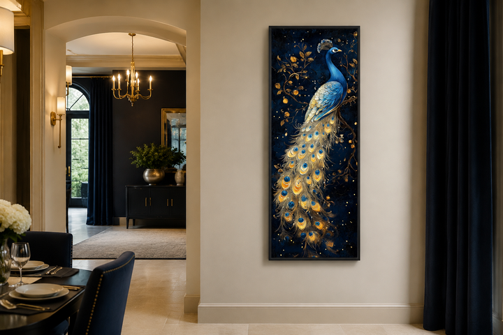 Tall narrow vertical framed canvas wall art featuring a blue and gold peacock on a navy background.