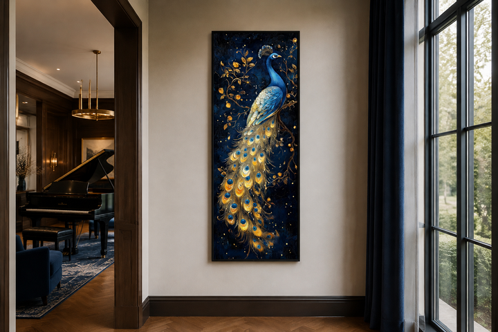 Tall narrow framed canvas art of a blue and gold peacock on a navy background in a modern interior.