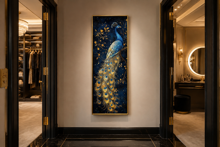 Vertical framed canvas art of a blue and gold peacock on a navy background in a hallway.