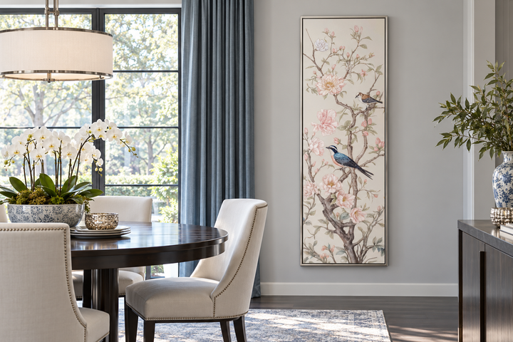 Tall narrow vertical Chinoiserie canvas print of birds on flowering branches in a dining room.