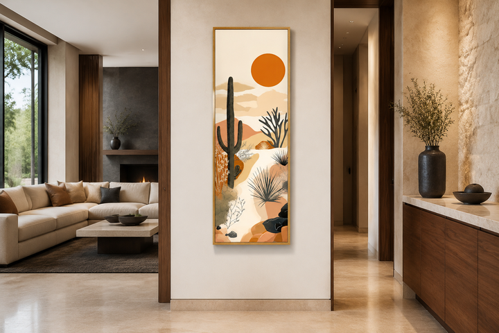 Tall narrow framed canvas wall art featuring a desert cactus and orange sun in a modern living room.