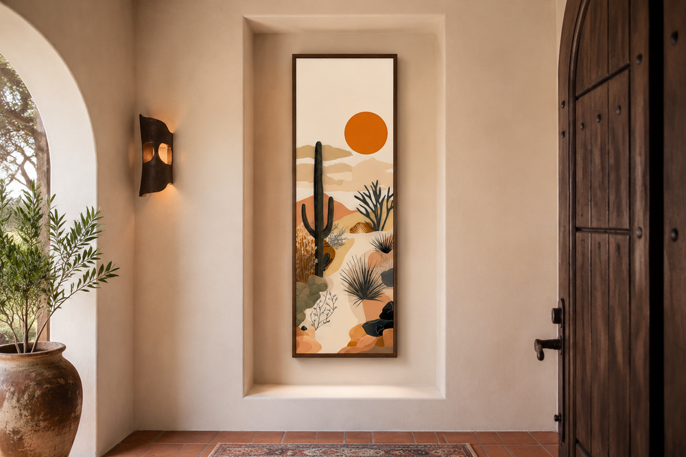 Tall narrow framed canvas wall art featuring a desert cactus landscape with a bold orange sun.