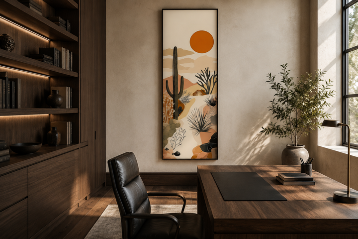 Tall narrow framed canvas wall art featuring a desert cactus landscape under an orange sun.