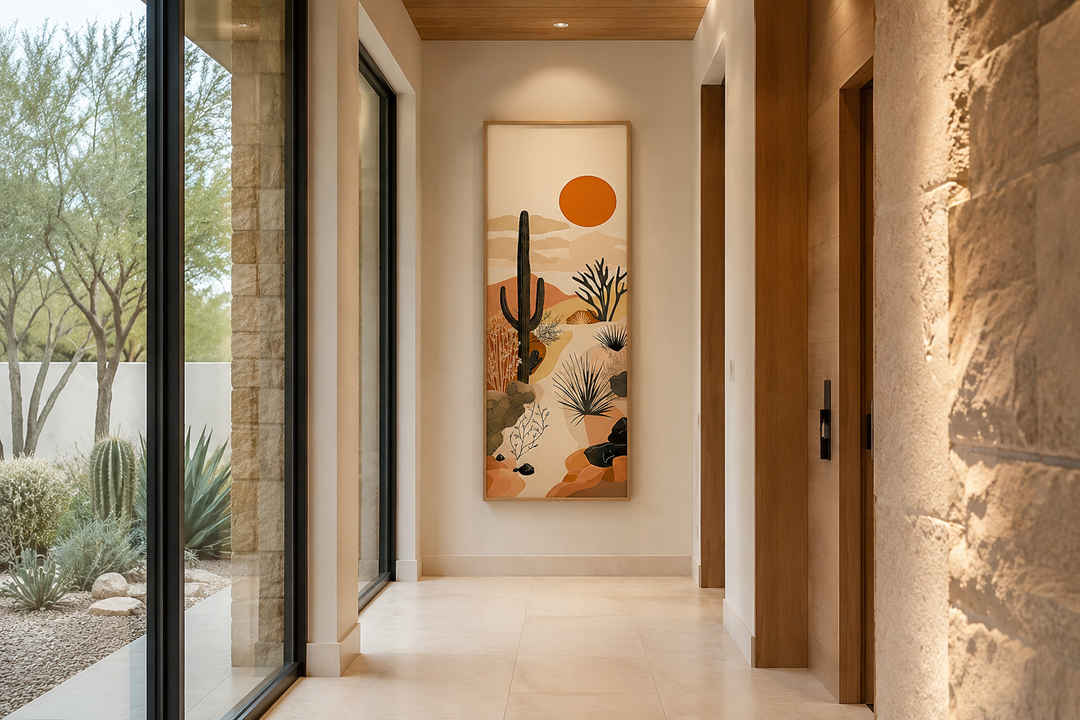 Tall narrow framed canvas wall art featuring a desert cactus landscape in warm earth tones.