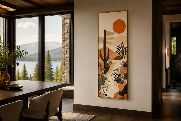 Tall narrow framed canvas wall art featuring a desert cactus landscape in warm earth tones.