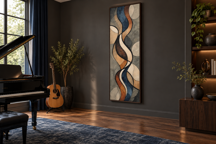 Tall narrow framed canvas wall art with abstract earth tones in a modern living room.