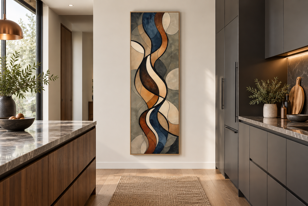 Tall narrow framed canvas wall art with abstract mid-century modern shapes in earth tones.