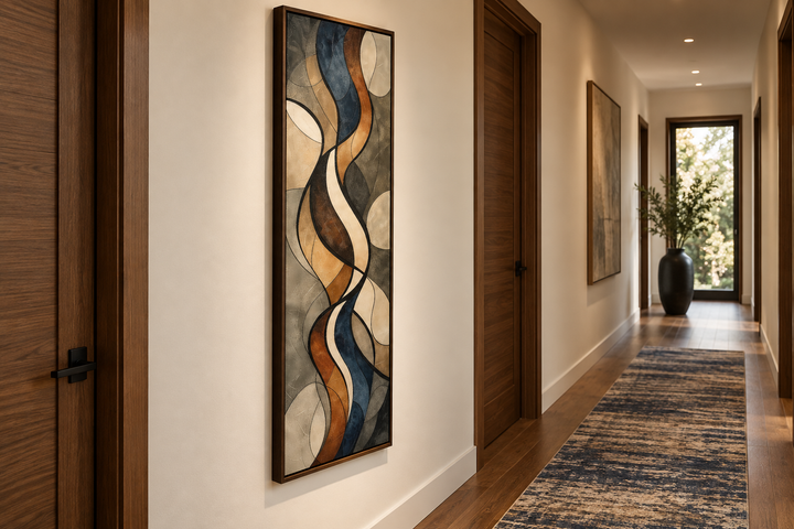 Tall narrow framed canvas wall art with abstract earth tone waves in a modern hallway.