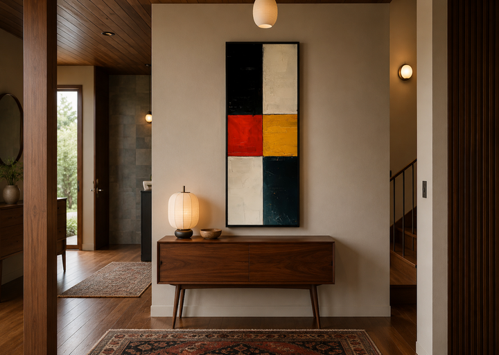 Tall narrow vertical canvas print with geometric blocks of black, white, red, and yellow.