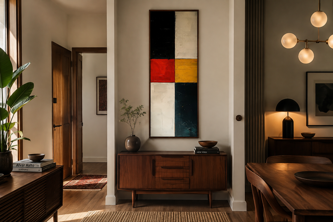 Tall narrow vertical wall art with geometric blocks of black, white, red, and yellow on a canvas.