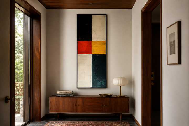 Tall narrow vertical canvas print with geometric blocks of black, white, red, and yellow.
