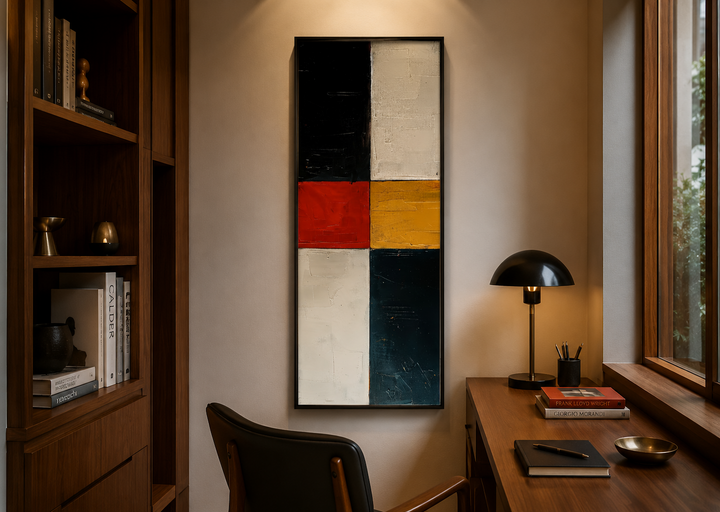 Tall narrow geometric wall art with black, white, red, and yellow blocks in a modern office setting.