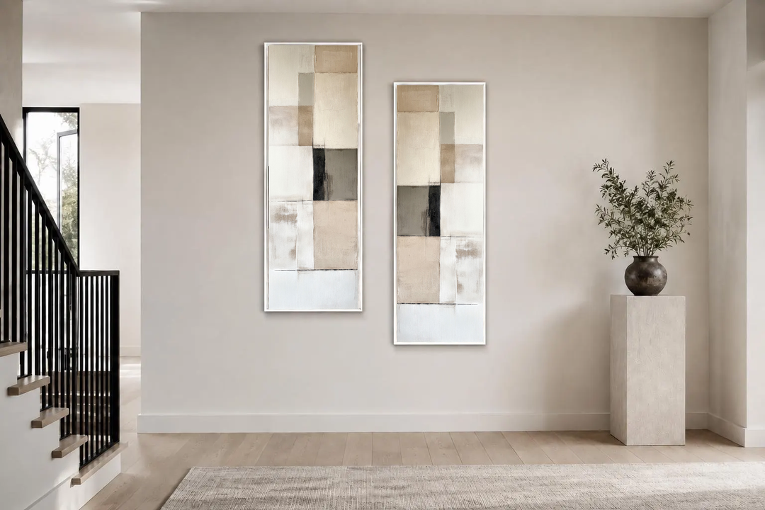 Tall narrow set of 2 vertical canvas wall art featuring neutral geometric abstract blocks.