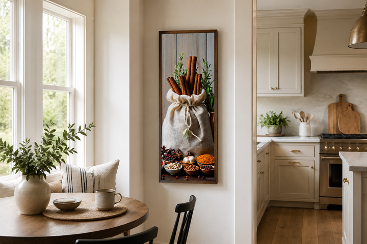 Tall narrow framed canvas wall art of herbs and spices hanging in a modern kitchen dining area.