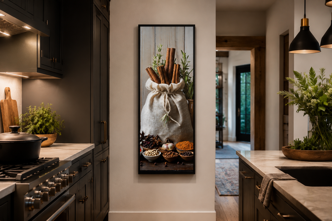 Tall narrow framed canvas wall art of herbs and spices hanging on a kitchen wall.
