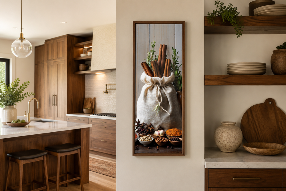 Tall narrow framed canvas wall art featuring a sack of cinnamon sticks and bowls of various spices.
