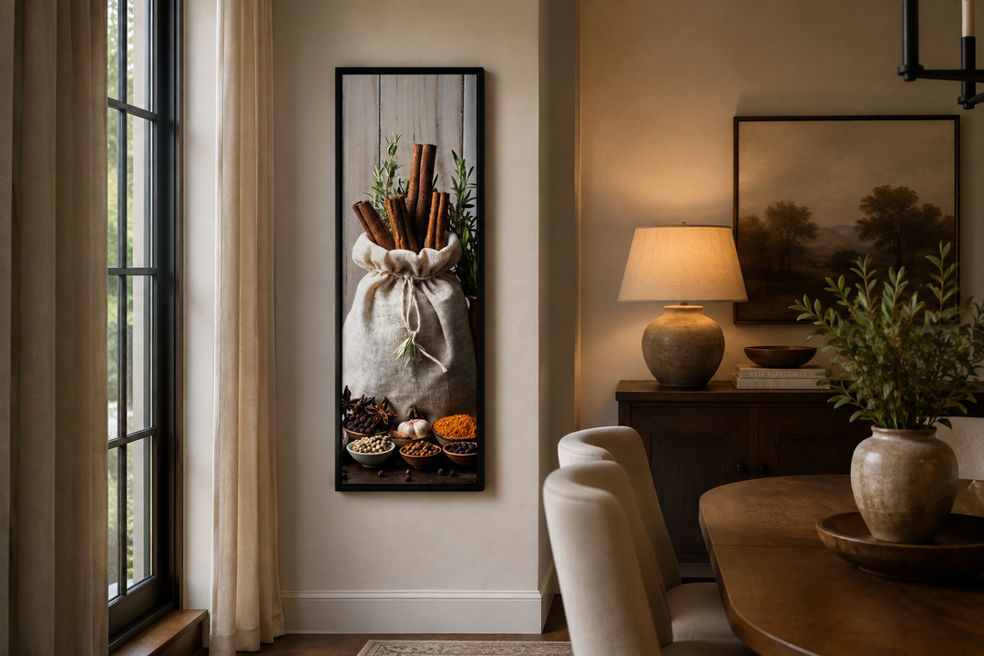 Tall narrow vertical framed canvas wall art of herbs and spices in a rustic kitchen setting.