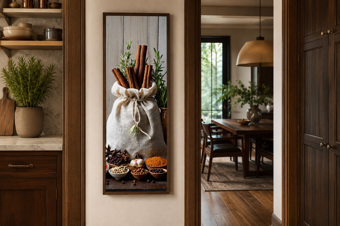 Tall narrow framed canvas wall art featuring a vertical arrangement of herbs and spices.