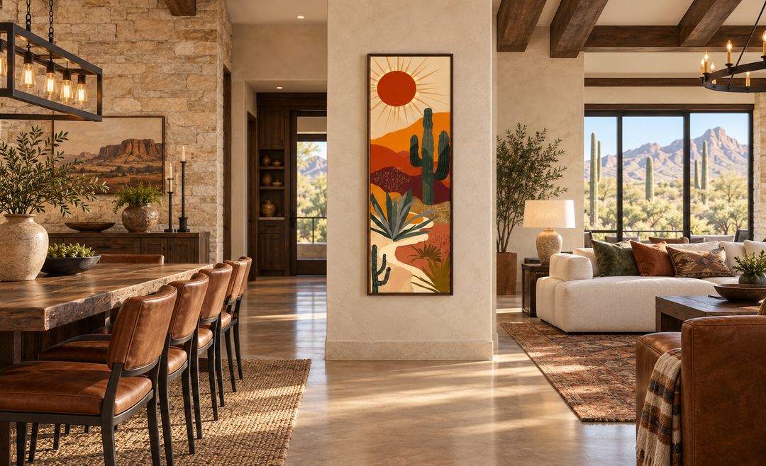 Tall narrow mid-century modern desert framed canvas wall art with cacti and sun in a living room.