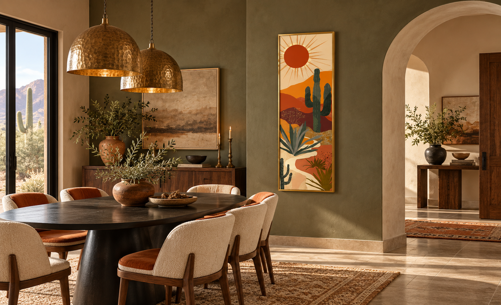 Tall narrow mid-century modern desert framed canvas wall art featuring cacti and a sun.
