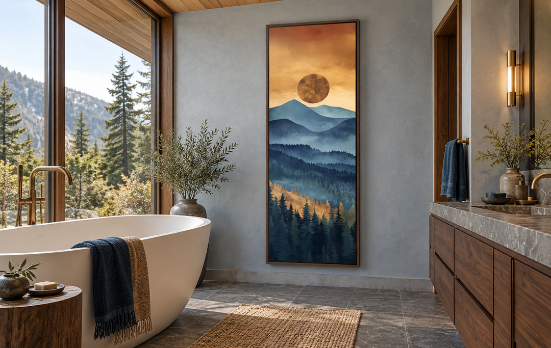 Tall narrow vertical canvas wall art featuring a mountain sunset in a modern bathroom setting.